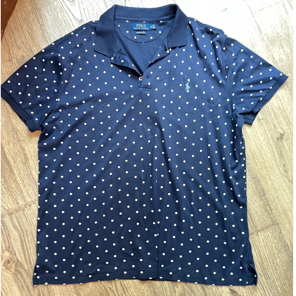 Polo Ralph Lauren Mens XL Custom Slim Fit Polka Dot Polo Shirt Navy Blue Cotton